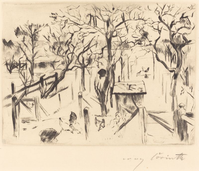 Fruit Garden in Autumn de Lovis Corinth, retratando um pomar com frutas maduras e folhas caídas, pintura a óleo