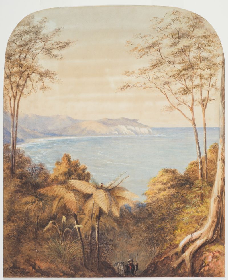 Óleo sobre tela de Charles Decimus Barraud retratando uma paisagem marinha da Nova Zelândia com ondas e pôr do sol.