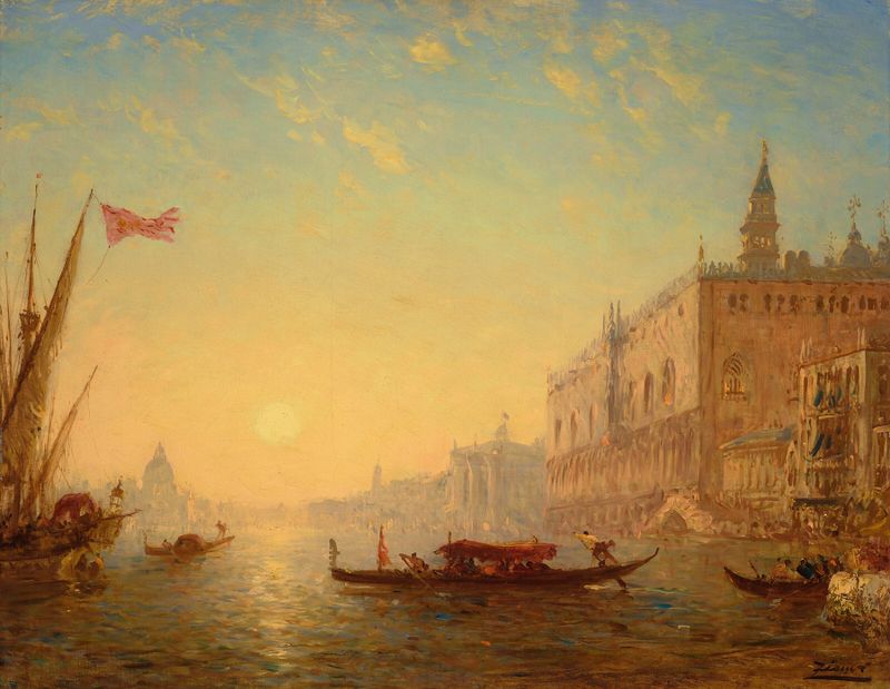 Pintura de paisagem a óleo de Félix Ziem mostrando água tranquila com reflexos