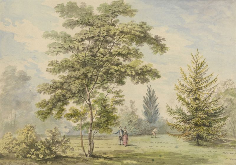 The Acacia Tree, Figures in a Park by George Barret, oil on canvas depicting figures in a lush park.