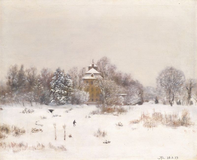 Winter landscape with a river, oil on canvas by Hans Thoma