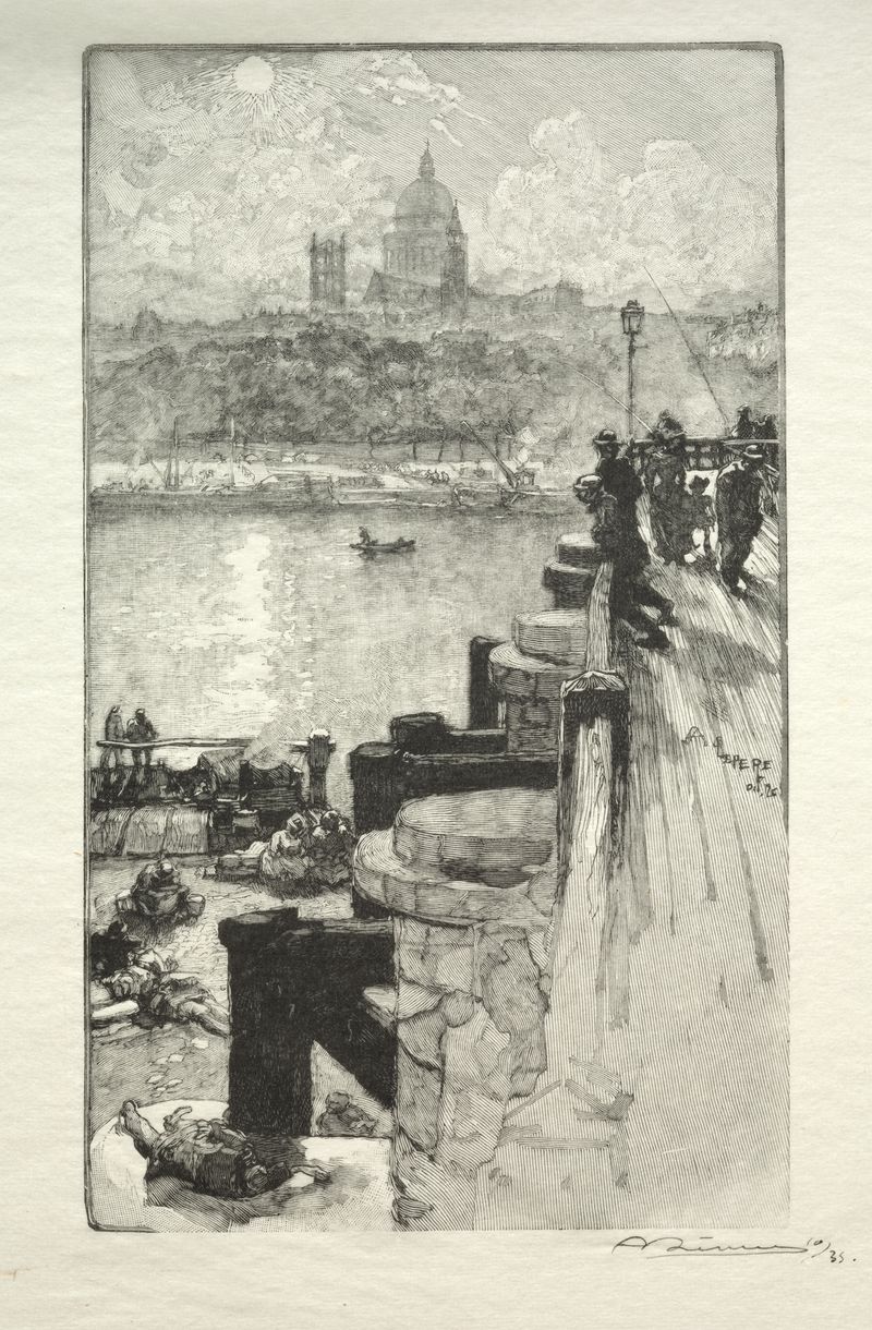 Montagne Ste. Genevieve, gravura de Auguste Louis Lepère, representando uma paisagem serena com montanhas e luz suave.