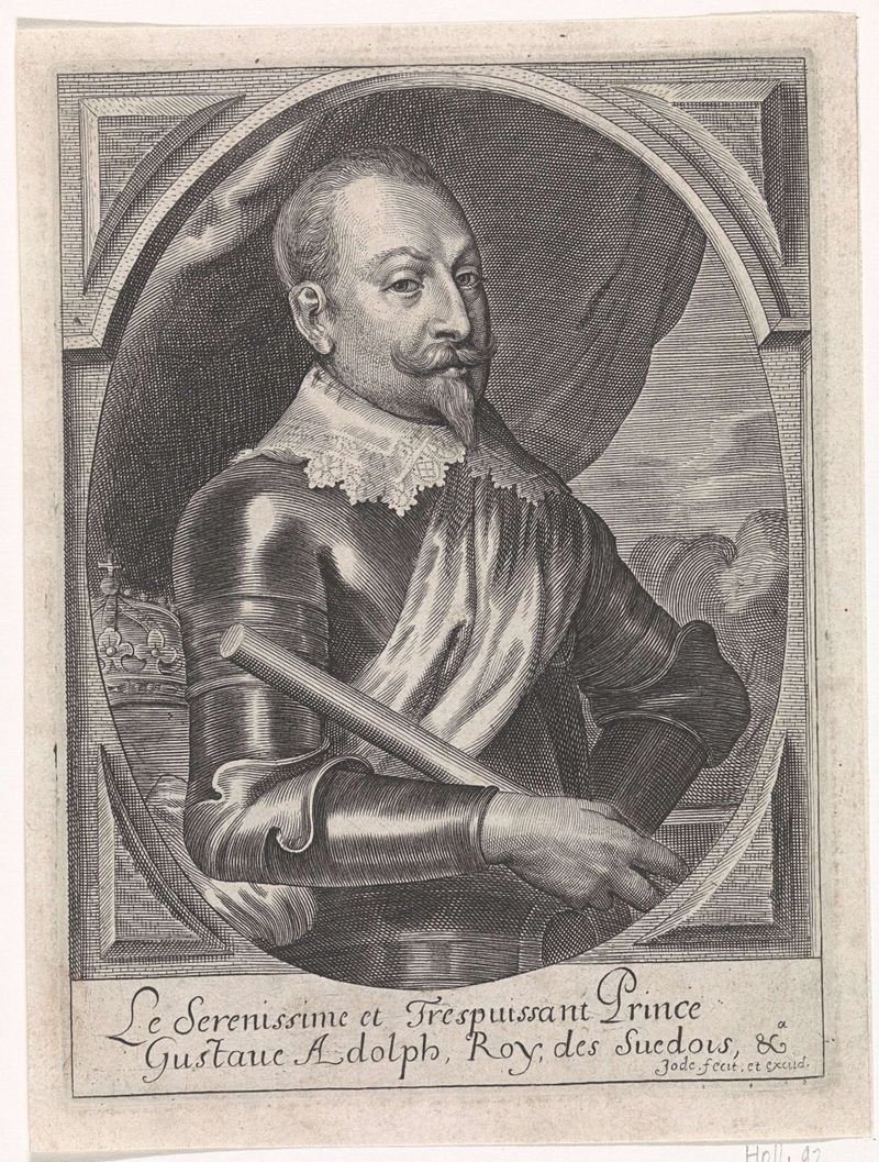 Gravura de Gustaaf II Adolf, rei da Suécia, por Pieter de Jode