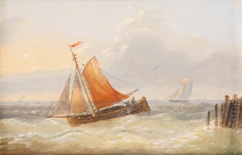 Ships on moving sea by Charles Louis Verboeckhoven, oil painting depicting waves and a ship.