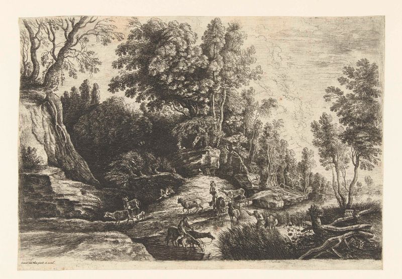 Caballos y vacas junto a un estanque, grabado de Lucas van Uden