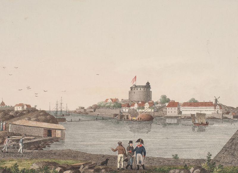 Paisagem com reflexos na água, edifícios e céu de Søren L. Lange, óleo sobre tela
