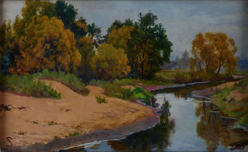 Autumn oil painting by Ambroży Sabatowski depicting golden leaves and warm hues.