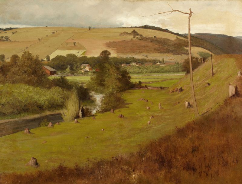 New England Landscape by Herman Hartwich, oil painting depicting a somber horizon and tangled trees.