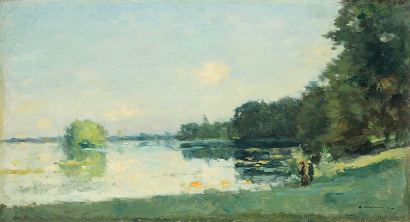 Paisagem com cores de outono e reflexos na água de Albert Lebourg, pintura a óleo
