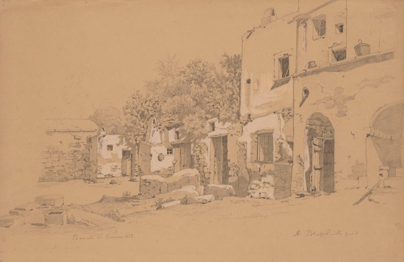 Landscape with rustic architecture and hills, oil on canvas by Arthur Blaschnik