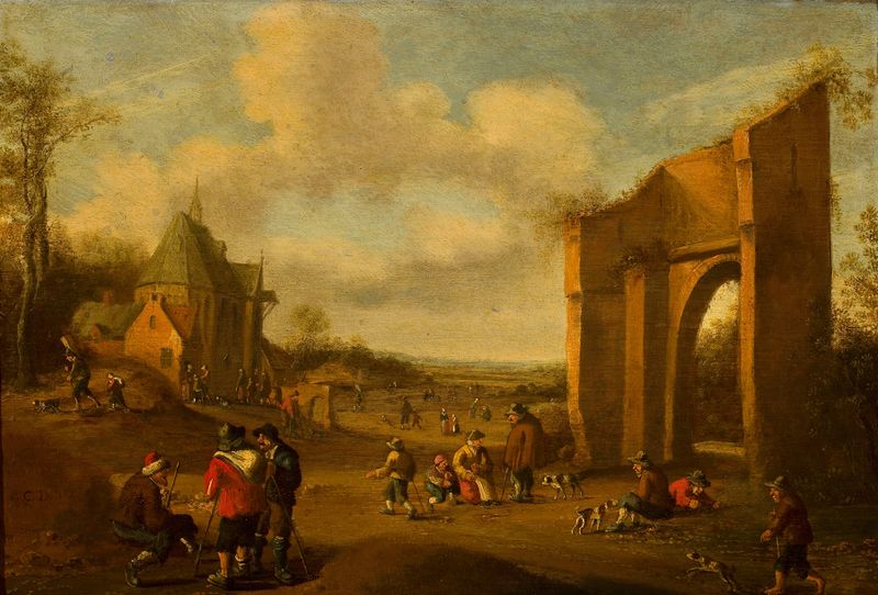 Paisagem rural com camponeses, óleo sobre tela de Cornelis Droochsloot