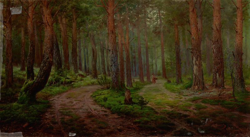 Forest Landscape by Karl Klopfer, depicting a serene brook in a lush forest, realism style.