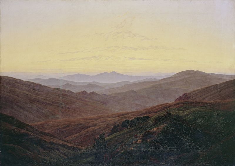 Giant Mountains de Caspar David Friedrich, óleo sobre tela que retrata montanhas majestosas e natureza serena.