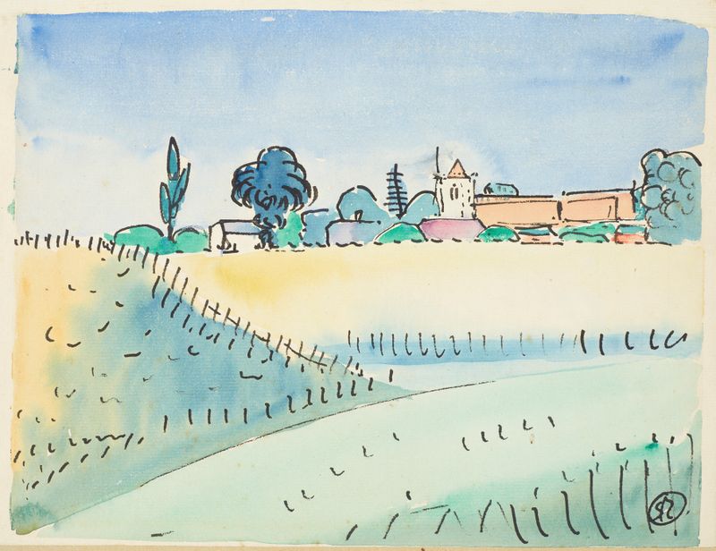 Landscape with church, oil on canvas by Raymond McIntyre