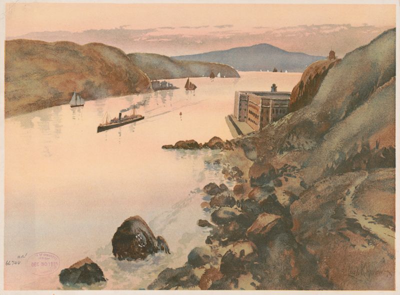 Fortifications and Golden Gate, oil on canvas by Louis Kinney Harlow, depicting a fortress and hills.