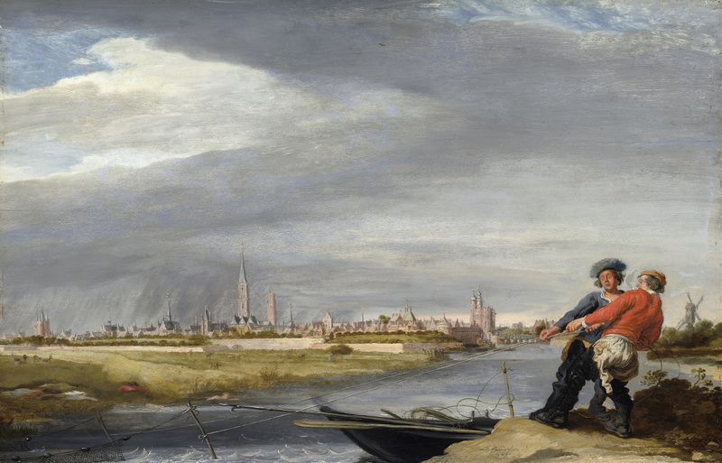 Hauling the Net de Dirk Hardenstein, que representa a pescadores tirando de una red en aguas turbulentas, pintura al óleo