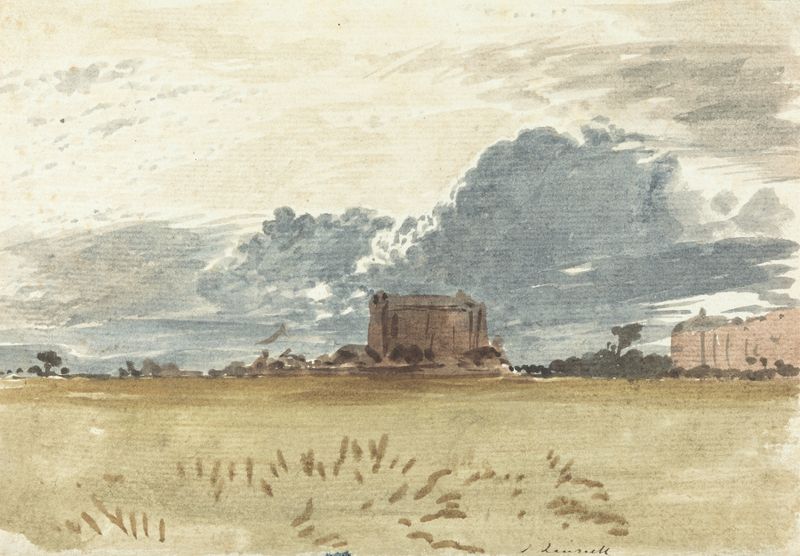 A View of the Fens, óleo sobre tela de John Linnell, retratando uma paisagem tranquila com água e verdes suaves.