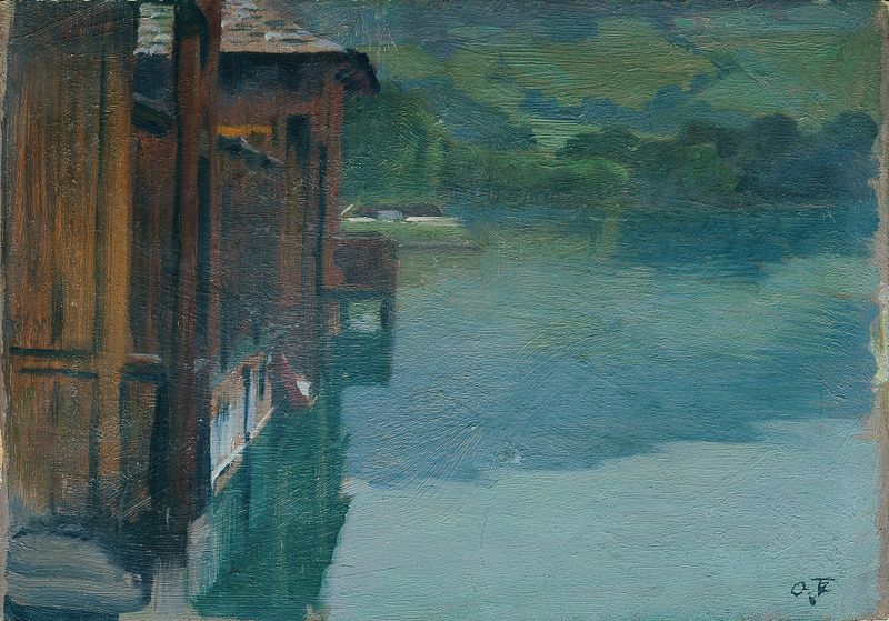 Bathing Cabin in Gmunden, oil on canvas by Otto Friedrich, depicting a lakeside cabin and reflections.