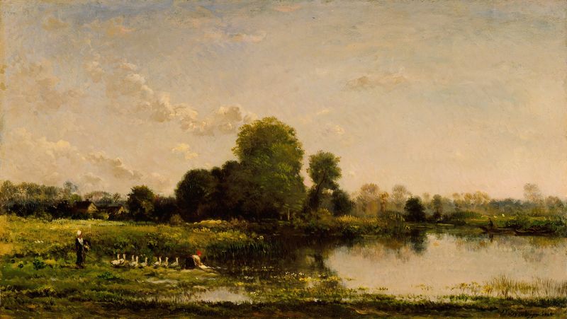 Riverbank with Fowl, óleo sobre tela de Charles François Daubigny