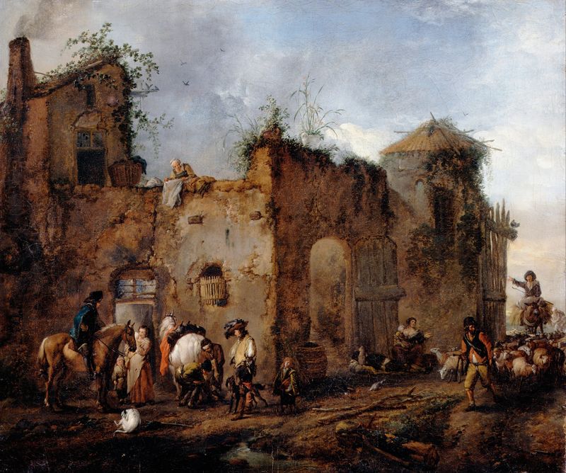 Farrier shoeing a horse in a courtyard, oil on canvas by Philips Wouwerman
