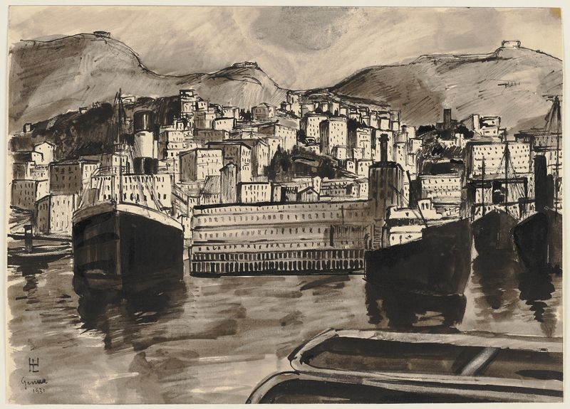Harbour view of Genoa by Hermann Lismann, oil on canvas, depicting gentle waves and a serene seaport.