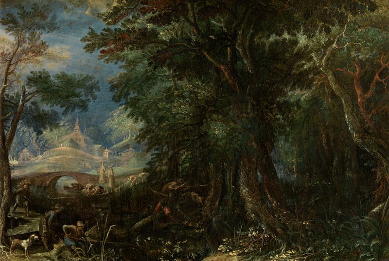 Landscape by Frederik Van Valckenborch, oil painting depicting hills and light.