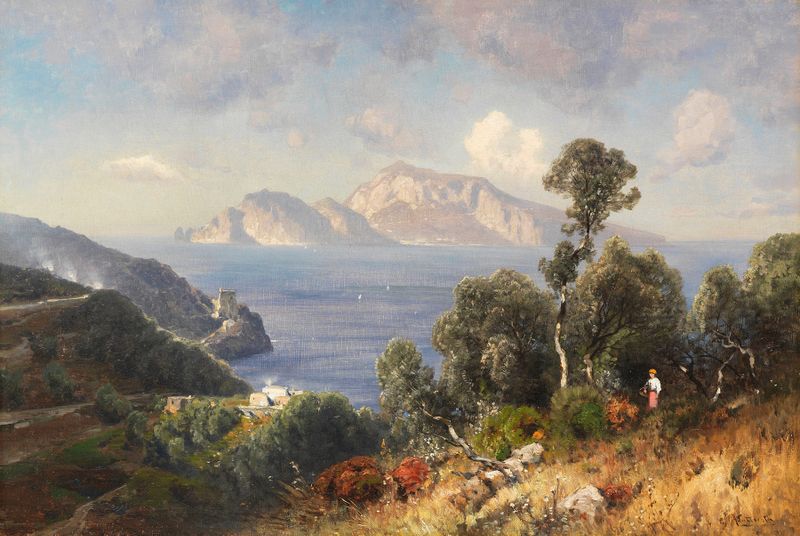 Paisagem romântica de Ascan Lutteroth com costa e Capri ao fundo