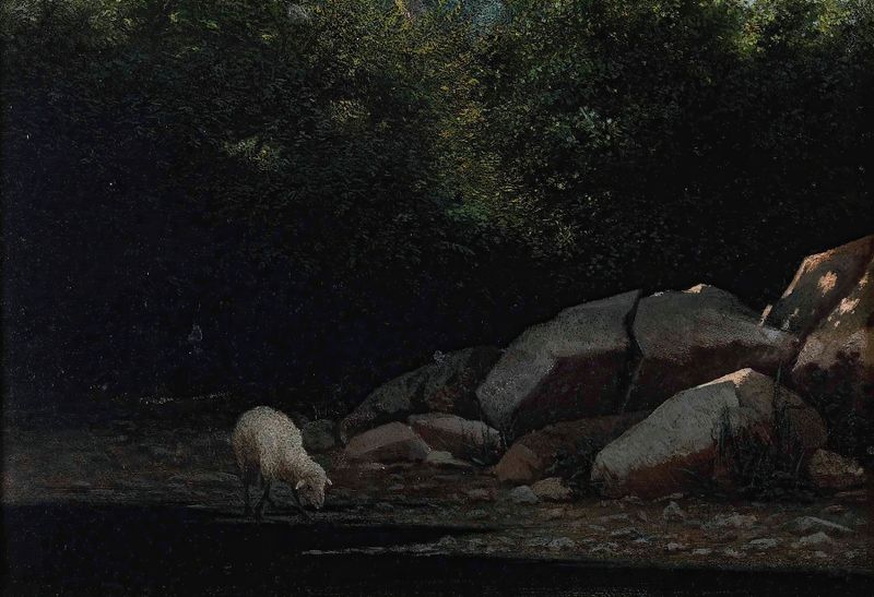 Lungo il torrente de Alfredo De Andrade, óleo sobre lienzo que representa un arroyo sereno.