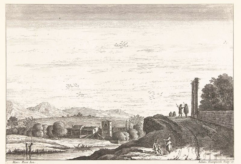 Etching by Giuliano Giampiccoli depicting a river, figures, and two ancient columns