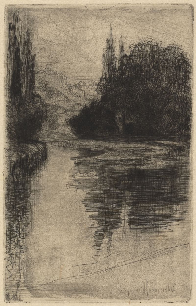 Evening de Francis Seymour Haden, retratando uma paisagem tranquila ao crepúsculo, gravura