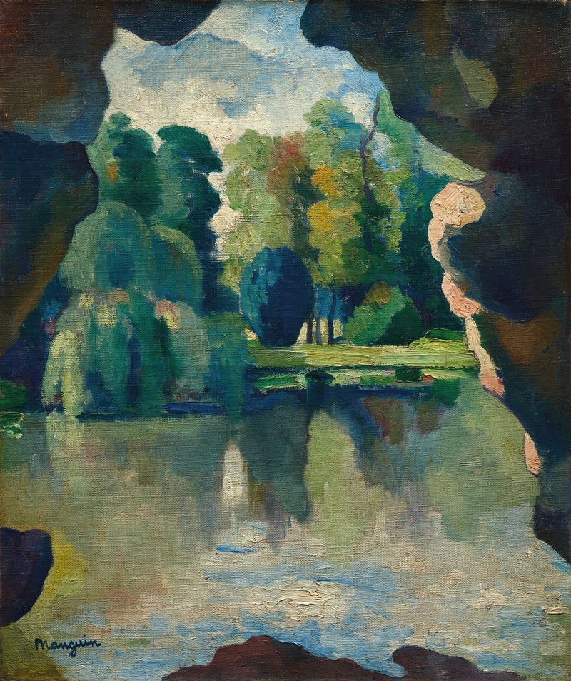 Oil painting by Henri Manguin depicting a tranquil lake with lush foliage