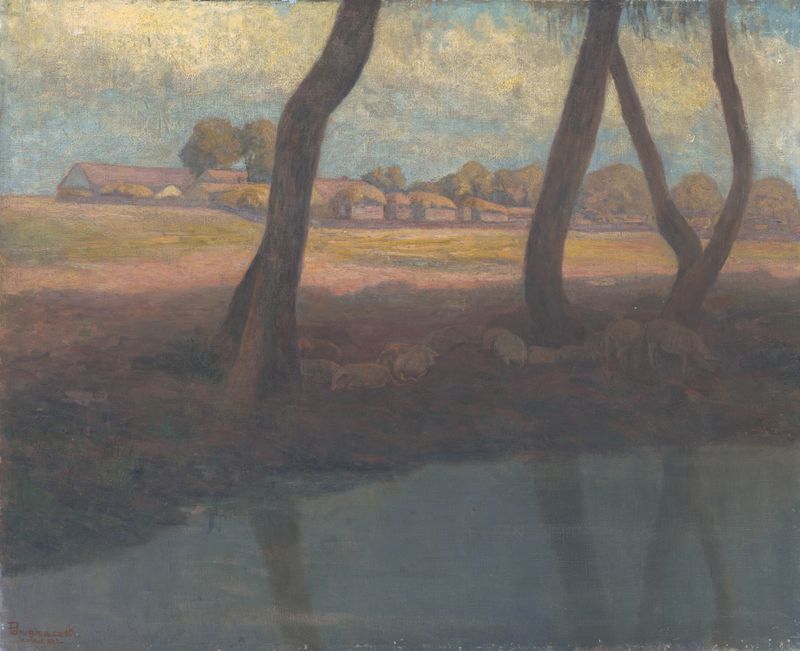 Landscape by Karol Pongrácz, oil painting featuring rolling hills and soft pastel colors