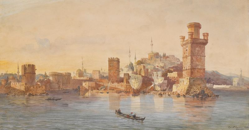 View of Rhodes by Eugène Flandin, oil on canvas depicting hills and the ancient city.