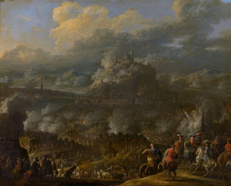 El Asedio de Coblenza de Jan Baptist van der Meiren, óleo sobre lienzo que representa una escena de batalla histórica