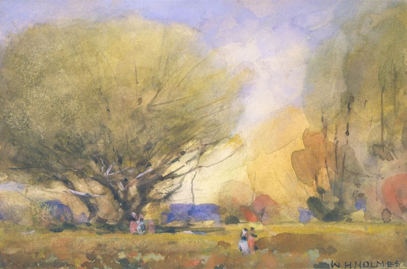 Summer Scene de William Henry Holmes, pintura al óleo que muestra un paisaje de verano vibrante con luz solar y un prado.