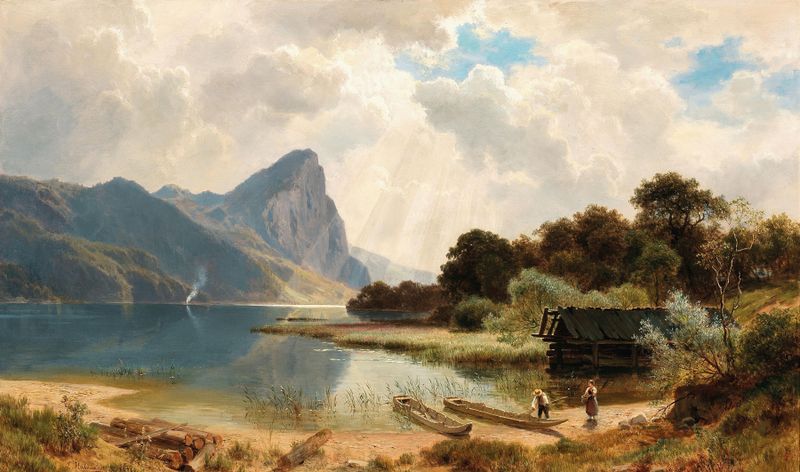 The Drachenstein on Lake Mondsee de Ludwig Halauska, óleo de una montaña reflejada en un lago.