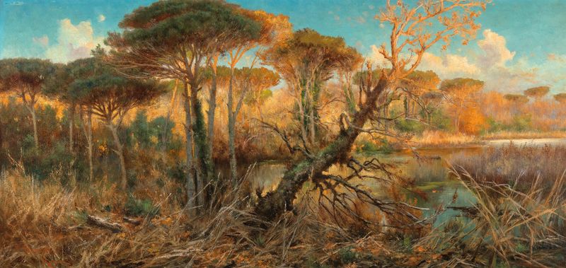 Landscape oil painting by Pietro Barucci depicting marshes with water and greenery