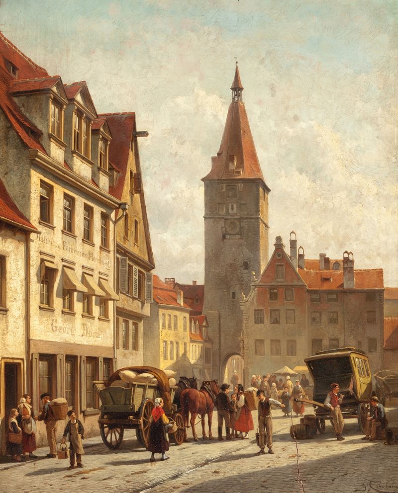 Market Day, Nuremberg, Germany by Jacques François Carabain, oil on canvas depicting a lively market scene.