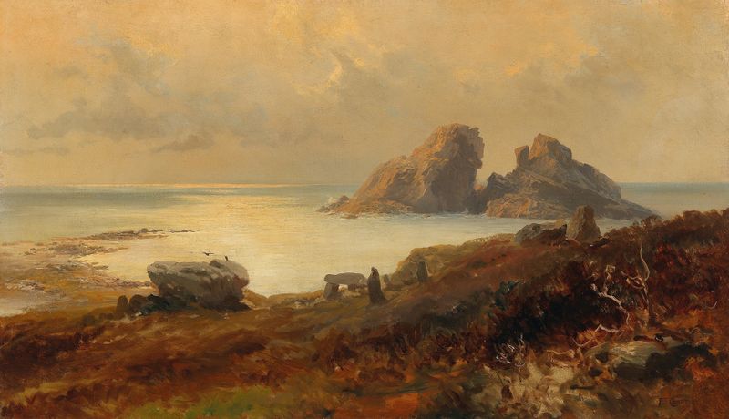 Paisagem costeira de Edward Theodore Compton, óleo sobre tela representando ondas e um céu vibrante.