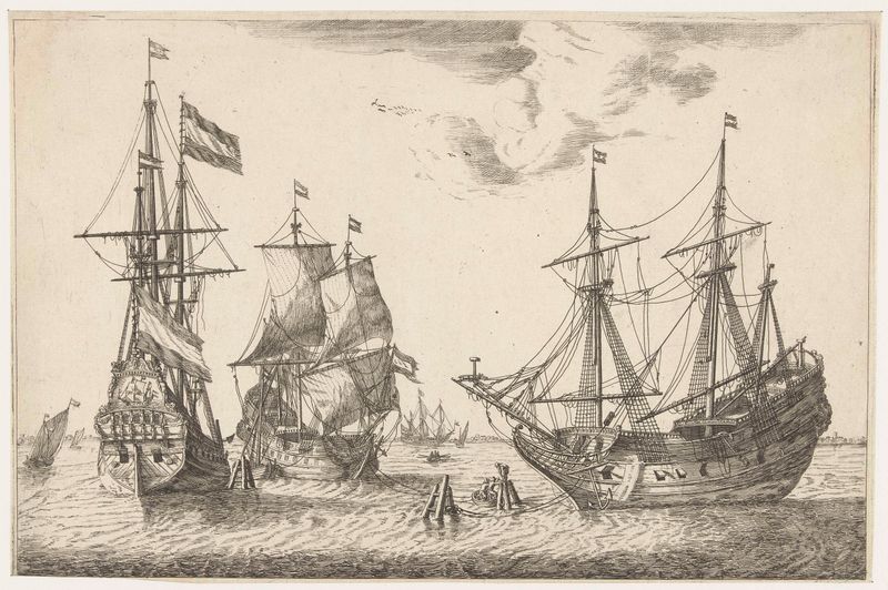 Tres barcos de vela amarrados en una serena escena de puerto, grabado por Unknown Artist