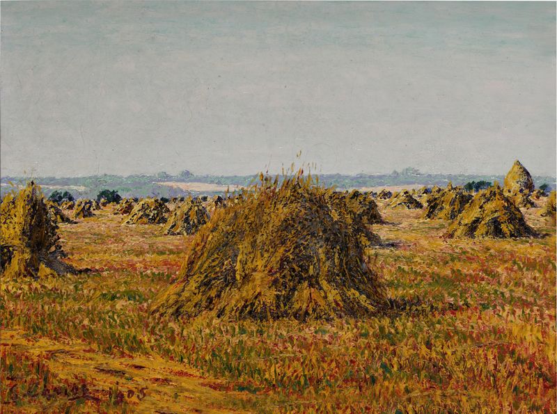 Paisagem de feixes de trigo dourados sob um céu azul de Gustave Cariot, pintura a óleo