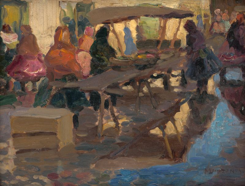 Pintura al óleo de Jozef Teodor Mousson que muestra una escena de mercado con figuras en conversación.