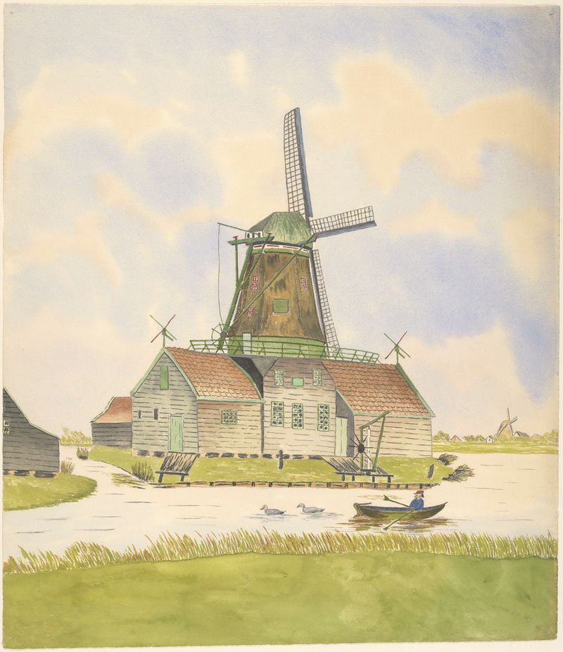 Windmill and river landscape by Johannes Nicolaas Eijman, oil on canvas