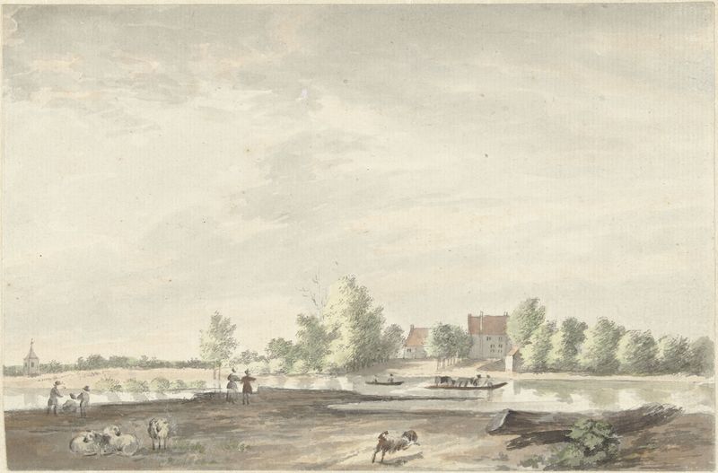 Landscape oil painting by Joseph Adolf Schmetterling depicting a river and a building
