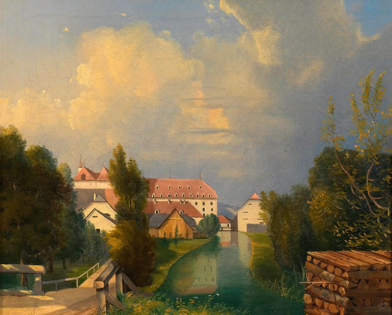 Fabriksgarten in Schwadorf by Adalbert Stifter, oil painting depicting a tranquil factory landscape.