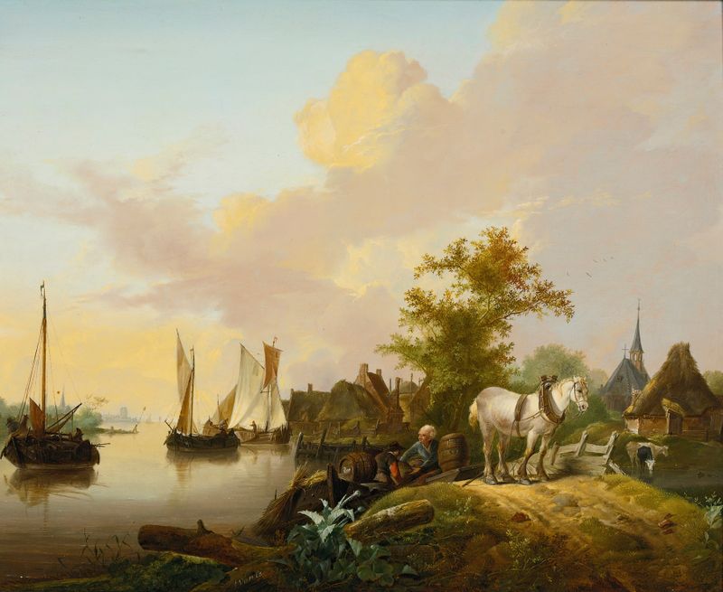 Genre scene depicting peasants unloading cargo, oil painting by Jan Van Os