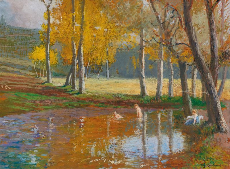 Nude figures bathing in a woodland pond, oil painting by Hugo Charlemont