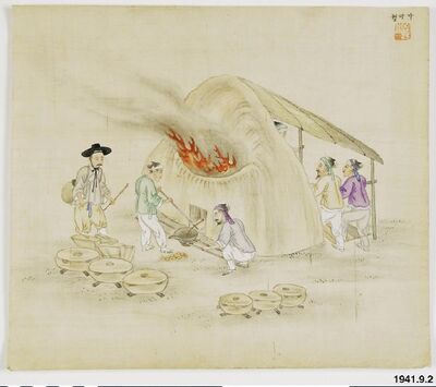 Korean Traditional art depicting a smelting scene by Kim Jun-geun