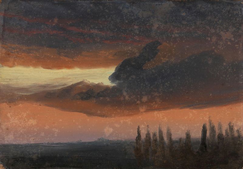 Cloud Study over Poplars de Knud Baade, pintura al óleo que muestra nubes y álamos.