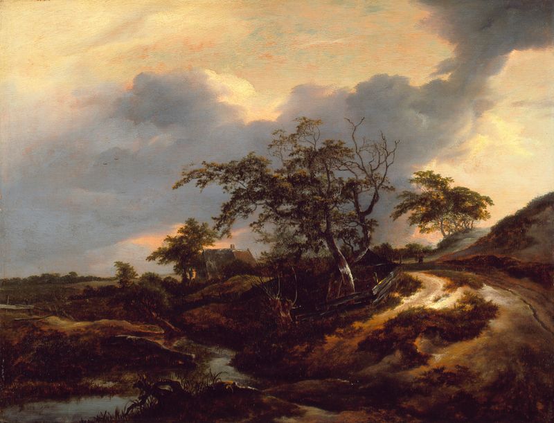Landscape with Dunes de Jacob van Ruisdael, pintura al óleo que representa dunas y nubes